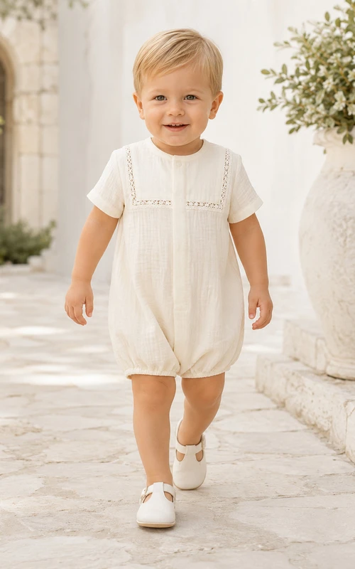 Pelele de bautizo tipo burbuja de manga corta con babero de encaje color crema para bebé niño.
