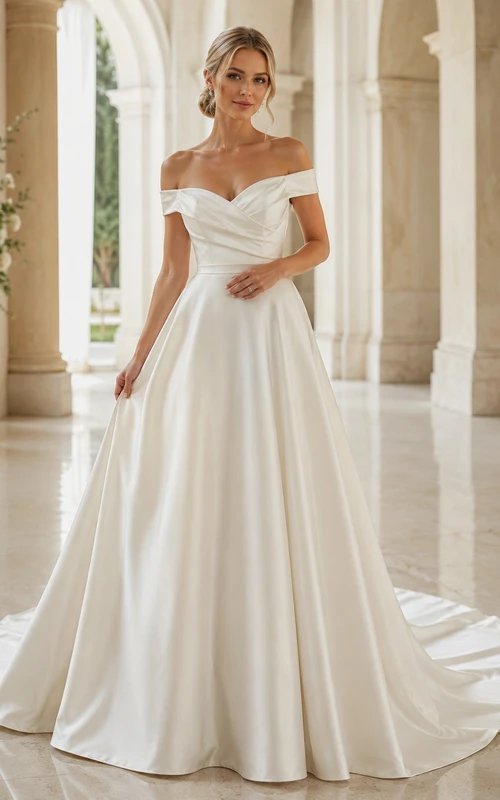 Vestido de novia de satén, vestido de gala, vestido de novia con hombros descubiertos y cola.
