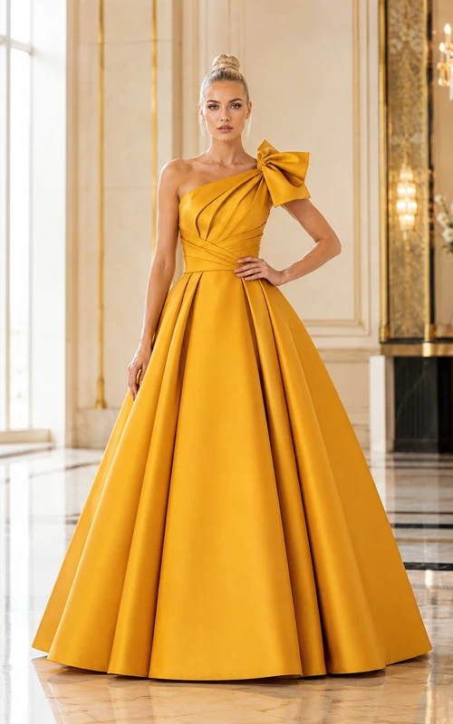 Vestido de gala largo de satén fruncido, asimétrico, con un solo hombro, lazo extragrande y acabado dorado de lujo.