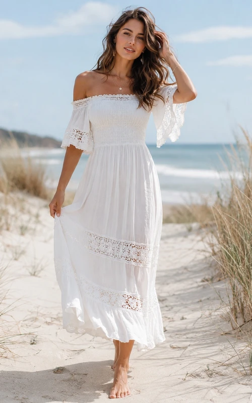 Boho White Off-Shoulder Ruffle Sleeve Tiered A-Line Ankle-Length Casual Beach Dress