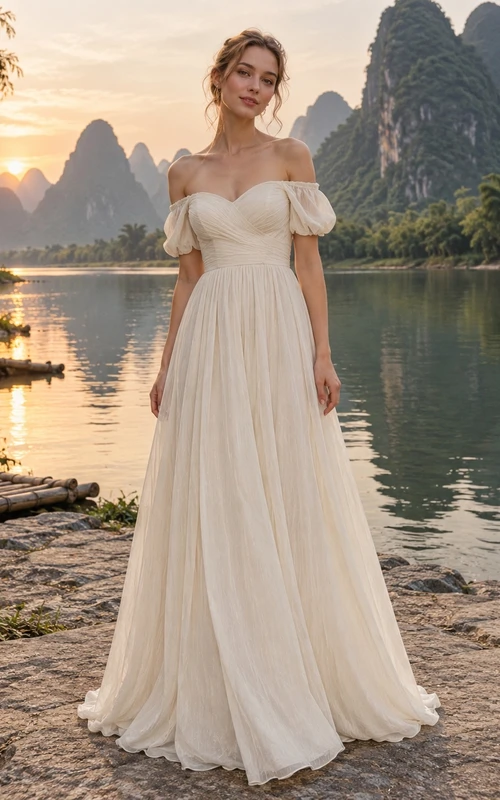Vestido de novia sencillo de corte A con escote corazón y mangas abullonadas, sin hombros