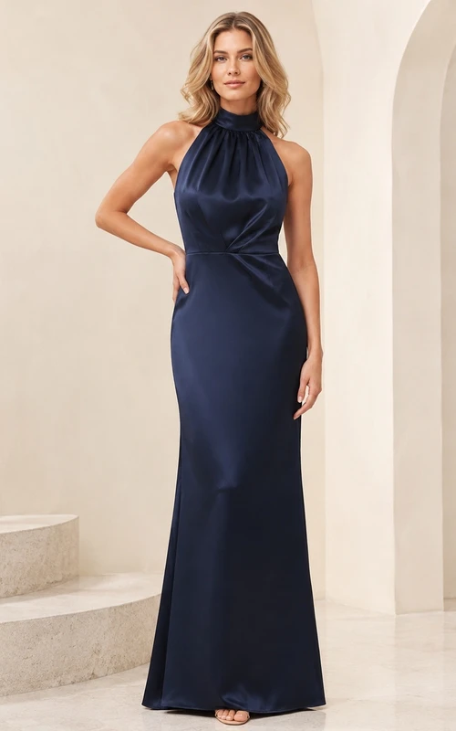 Dark Navy Satin Halter Sleeveless Sheath Floor-length Evening Dress