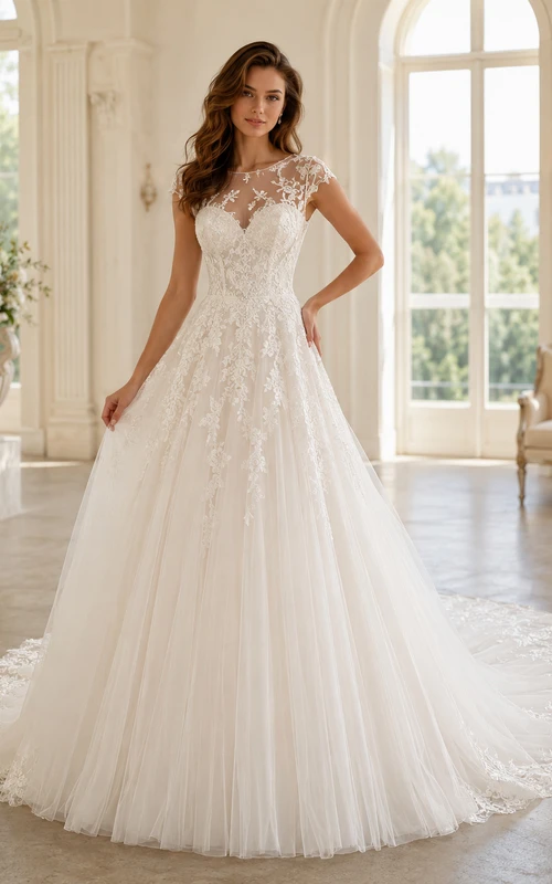 Robe de mariée romantique en dentelle et tulle illusion, coupe trapèze, ornée d'appliques et de boutons classiques dans le dos.