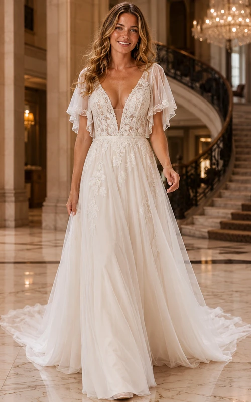 Robe de mariée en mousseline de soie polie et dentelle, décolleté en V profond, manches papillon, bustier trapèze avec traîne chapelle et dos nu plongeant, manches papillon.