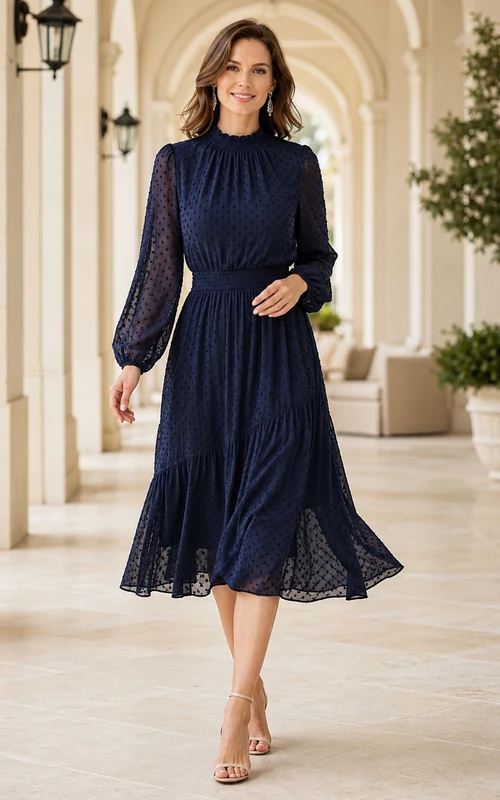 Vestido midi azul marino oscuro de cuello alto, encaje y mangas abullonadas para invitadas.