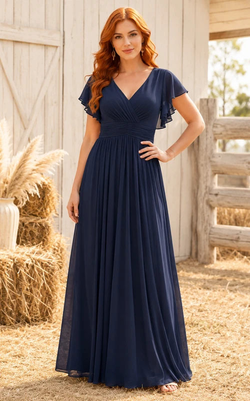 Rustic Barn Dark Navy V-Neck Chiffon A-Line Floor-Length Short Sleeve Dress