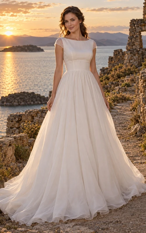 Vestido de novia de organza de corte A con escote barco, mangas cortas y falda fruncida.