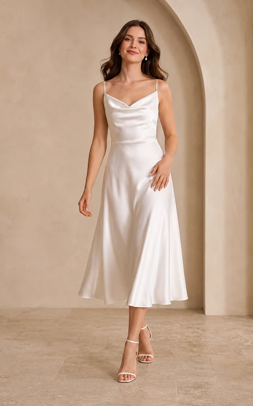 Elegant Civil Satin A Line Cowl Spaghetti Tea Length Wedding Dress