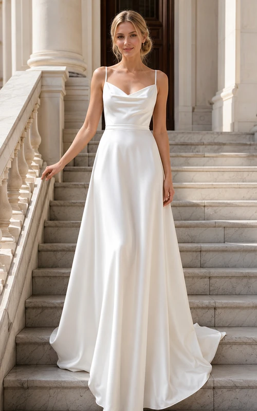 Minimalist Square Neck Spaghetti Strap Satin A-Line Wedding Dress