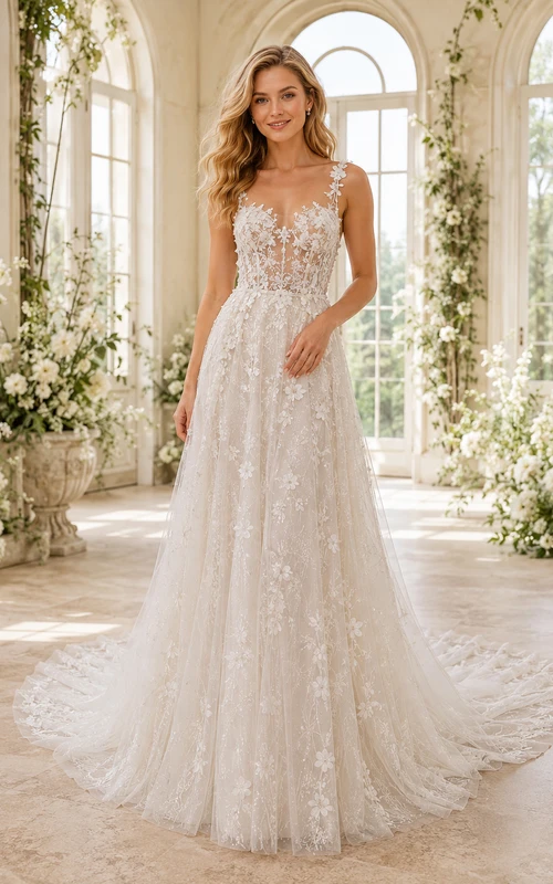 Robe de mariée en dentelle et tulle épurée, décolleté en V profond, sans manches, coupe trapèze, traîne chapelle, ornée d'appliqués floraux, idéale pour la réception.