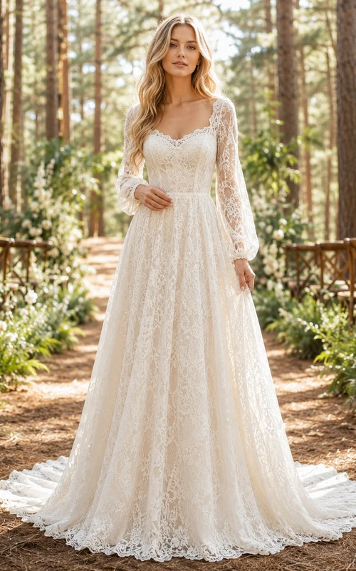 Long Sleeve Lace A Line Forest Ceremony Bridal Gown