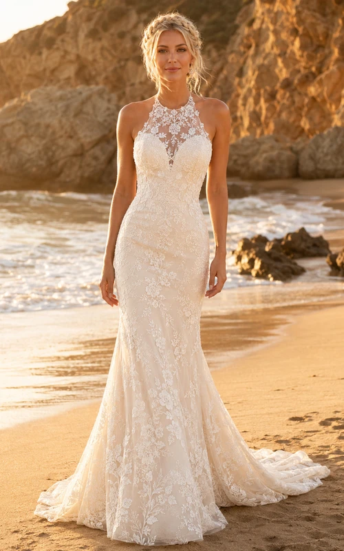 Halter Lace Open Back Beach Mermaid Bridal Gown