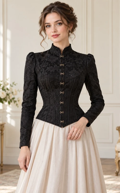 Corset victorien vintage noir modeste à col montant et manches longues, ajusté