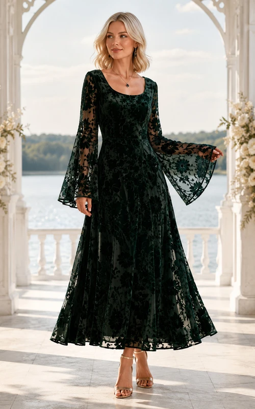 Vestido midi de encaje verde oscuro con escote redondo y mangas acampanadas para invitadas.