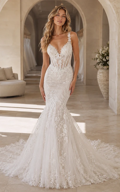 Robe de mariée sirène vintage en dentelle, décolleté en V profond, sans manches, traîne chapelle, ornée d'appliqués floraux, idéale pour une cérémonie.