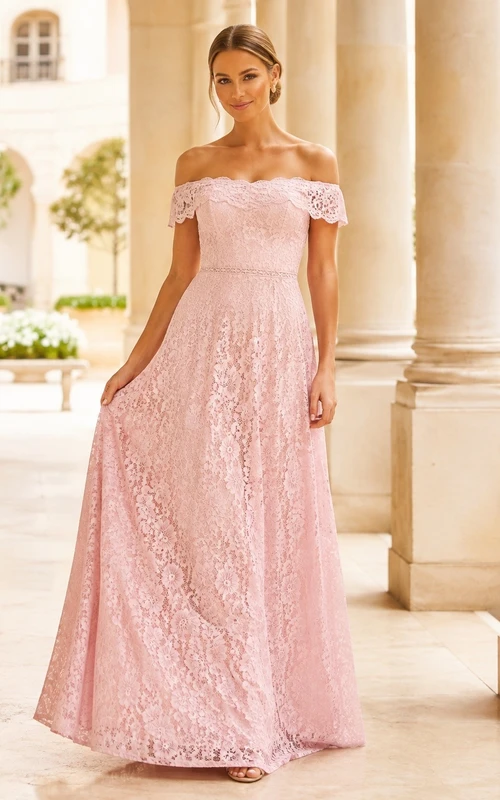 Blush Lace Off Shoulder Short Sleeve Evening Gown