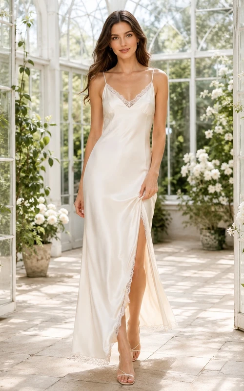 Romantisches, bodenlanges Brautkleid aus Satin mit V-Ausschnitt, Spitzenbesatz und Spaghettiträgern