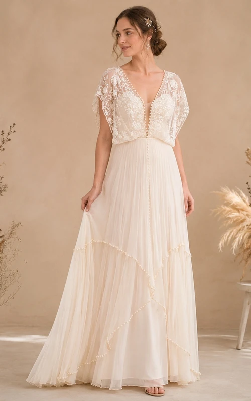 Romantic Lace V-neck Flutter Sleeve Tiered Tulle A-line Sweep Train Wedding Dress