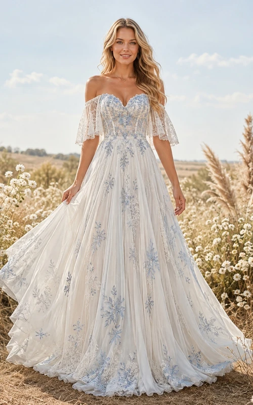 Staubblaues, böhmisches, schulterfreies A-Linien-Hochzeitskleid mit Blumenmuster und Spitze in A-Linie, bodenlang, im Landhausstil