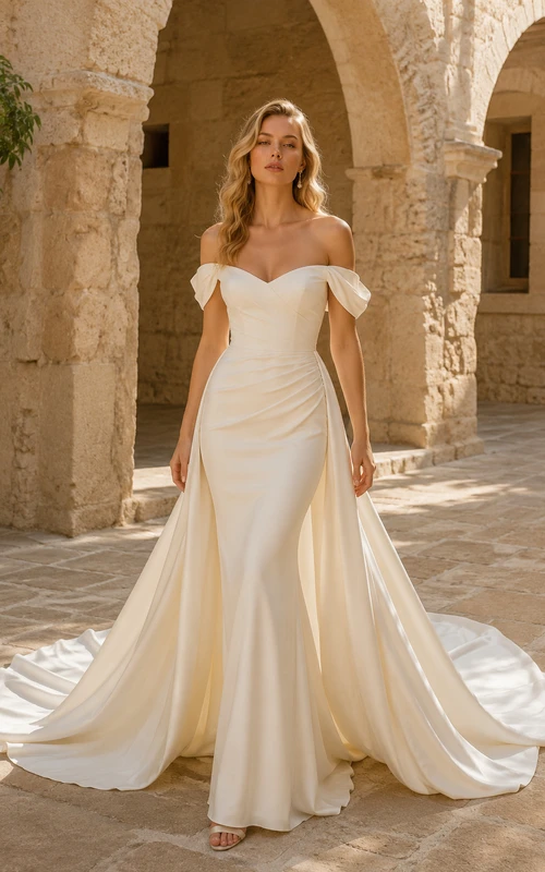 Schulterfreies Meerjungfrauen-Hochzeitskleid aus Satin mit drapierten Einsätzen