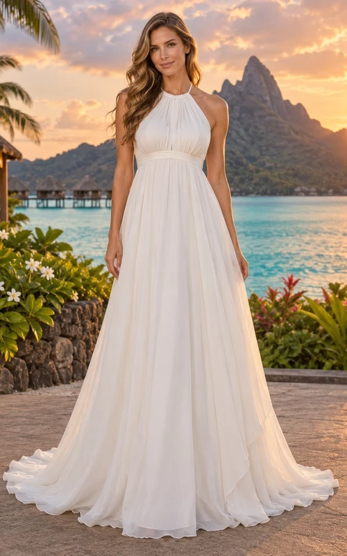Einfaches, trägerloses, hochgeschlossenes, lockeres A-Linien-Kleid in Bodenlänge für Strandhochzeiten