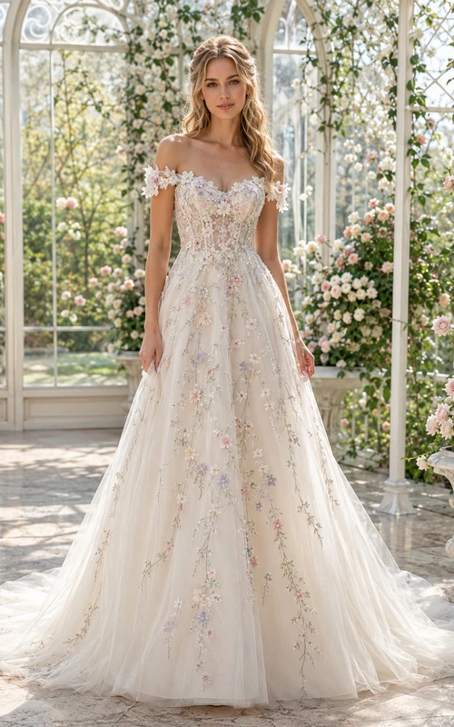 Pastellfarbenes, besticktes, schulterfreies Brautkleid im A-Linien-Schnitt im Frühlings-Gewächshaus-Stil