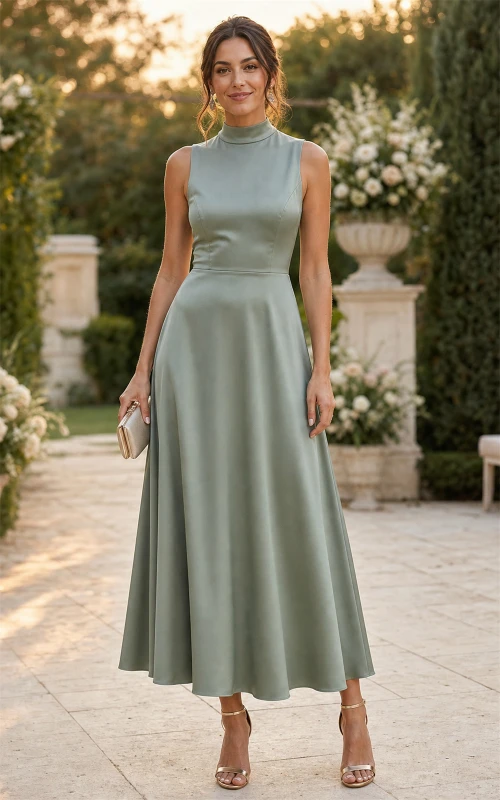 Salbeigrünes, hochgeschlossenes Satin-Kleid in Teelänge und A-Linie