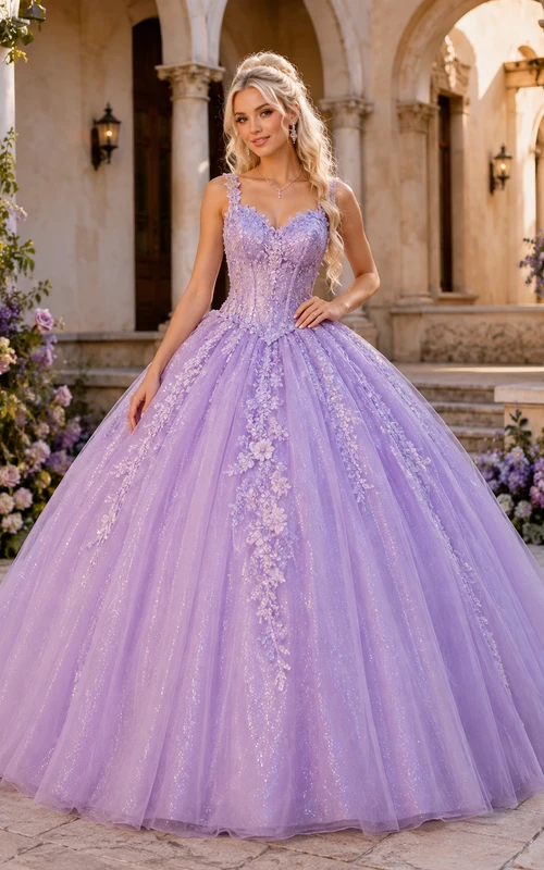 Vestido de fiesta formal de princesa para quinceañera, color lavanda, con tirantes, escote corazón y encaje festoneado.