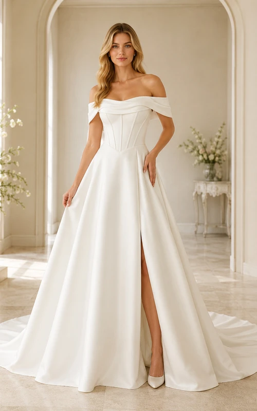 Brautkleid aus Satin in A-Linie, schulterfrei, kurze Ärmel, Kapellenschleppe mit Schlitz