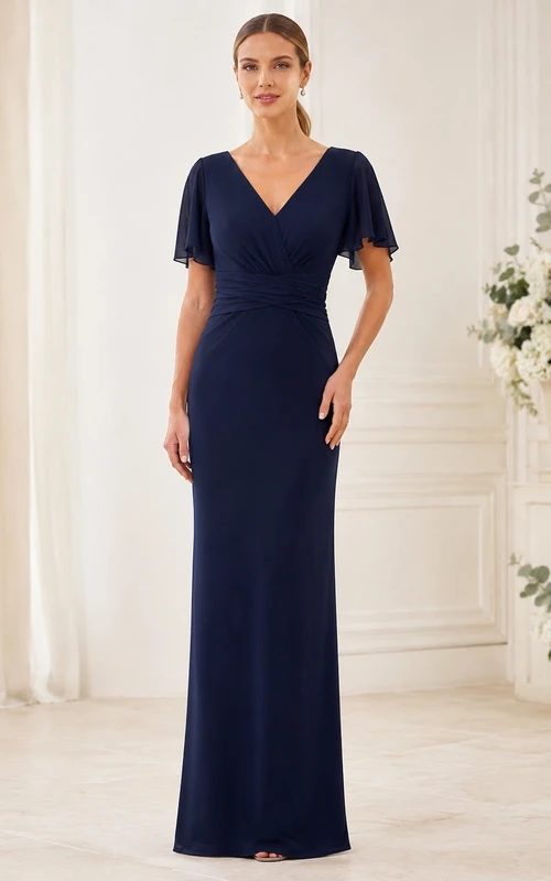 Ink Navy V-Neck Short Sleeve Jersey Sheath Maid Of Honor Dress