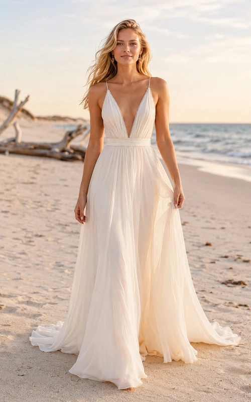 Vestido de novia de gasa para playa, corte en A, tirantes finos, largo hasta el suelo, espalda baja en V.