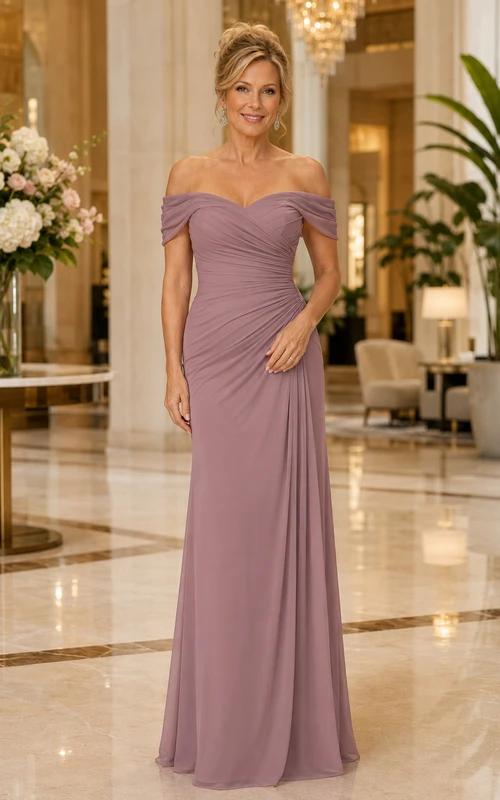 MOB Kleid, mauvefarbenes Chiffon-Jersey-Etui-Kleid, kurze Ärmel, schulterfrei, bodenlang, gerafft