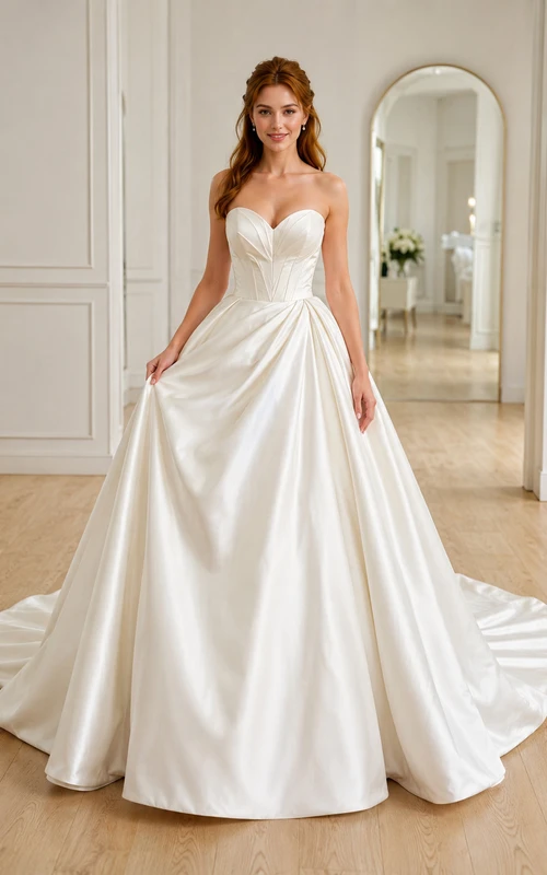Vestido de novia minimalista de satén, estilo princesa, sin tirantes, con escote corazón y cola larga.