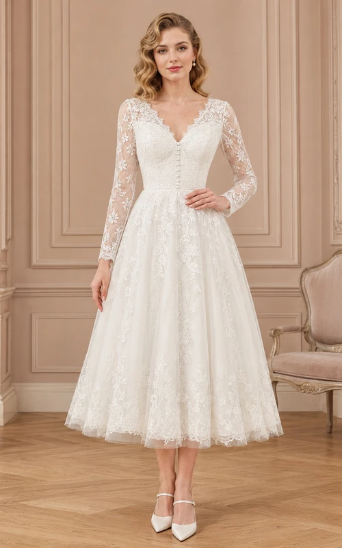 Vintage Tea-Length V-Neck Long Lace Sleeve Romantic Modest Wedding Dress