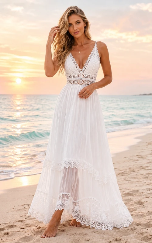 Boho-Strandkleid aus Spitze, lässig, ärmellos, V-Ausschnitt, knöchellang