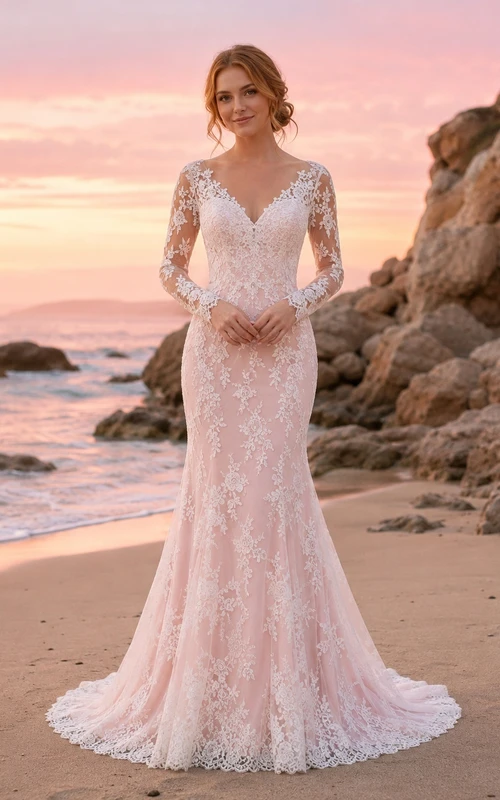 Elegantes, rosafarbenes Brautkleid im Meerjungfrauenstil mit V-Ausschnitt, langen Ärmeln und Schleppe aus Spitze für die Strandhochzeit