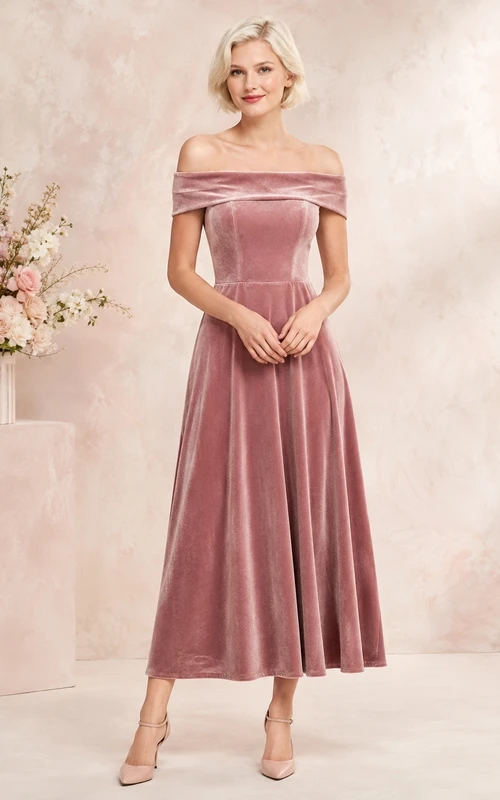Vestido formal modesto de terciopelo rosa empolvado con escote Bardot y corte en A, largo hasta la rodilla.