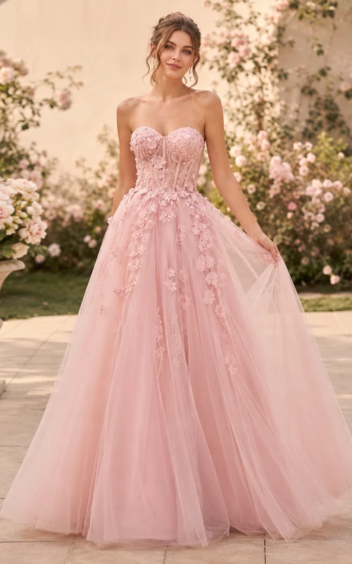 Vestido de gala largo color rosa sin tirantes con apliques de tul y escote corazón, Perú Promoción
