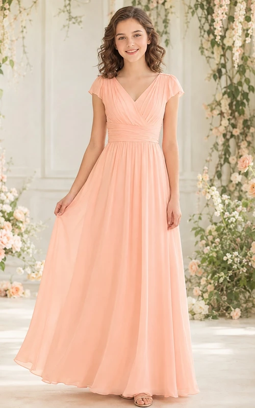 Vestido de dama de honor juvenil rosa ruborizado, corte en A, largo hasta el suelo, escote en V, manga corta, corpiño drapeado, estilo romántico.