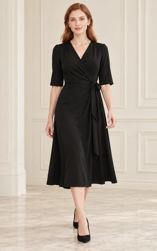 Vestido midi negro sencillo con escote en V, manga corta cruzada y cinturón.