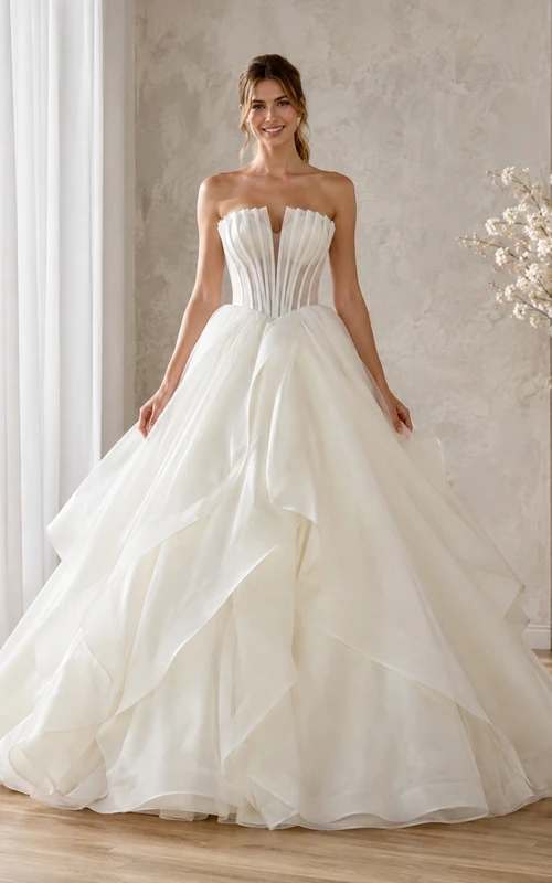 Vestido de novia de gala con corsé escultural sin tirantes y capas