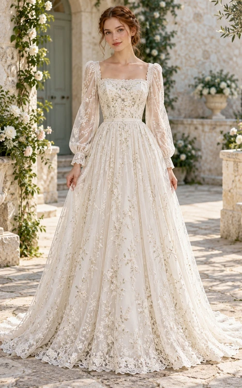 Vintage Square Neck Long Poet Sleeve Allover Lace Wedding Dress