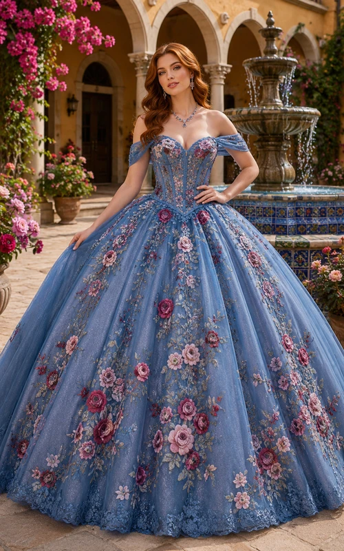 Vestido de fiesta formal de princesa para quinceañera, estilo Hacienda, color azul acero, hombros descubiertos, encaje rosa.