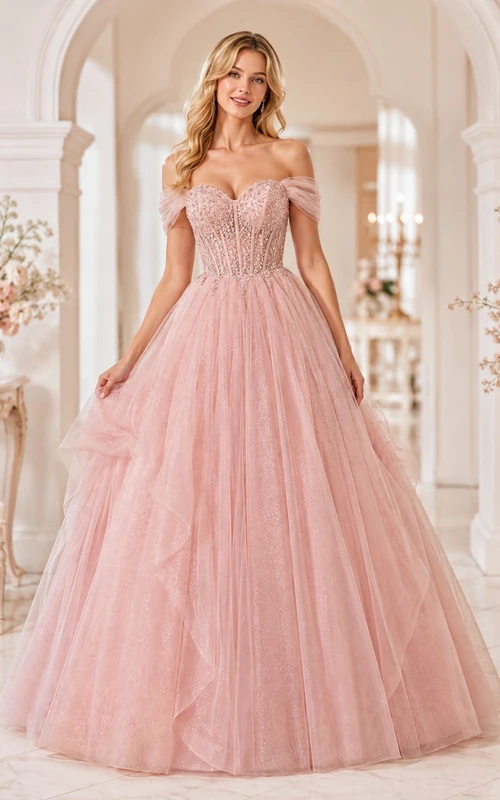 Blushing Pink Off-Shoulder Beaded Tulle Ball Gown Luxury Prom Dress