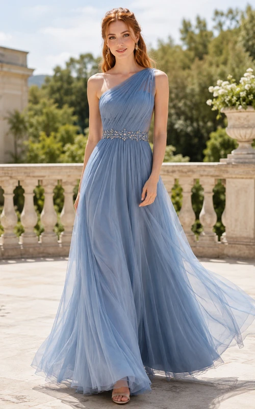 Sky Blue V-Neck Tulle A-Line Formal Dress