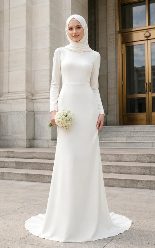 Modest Muslim Minimalist Long Sleeve Crepe Sheath Wedding Dress