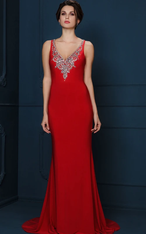 Ärmelloses, ärmelloses Jersey-Abendkleid mit langem V-Ausschnitt und Perlenbesatz