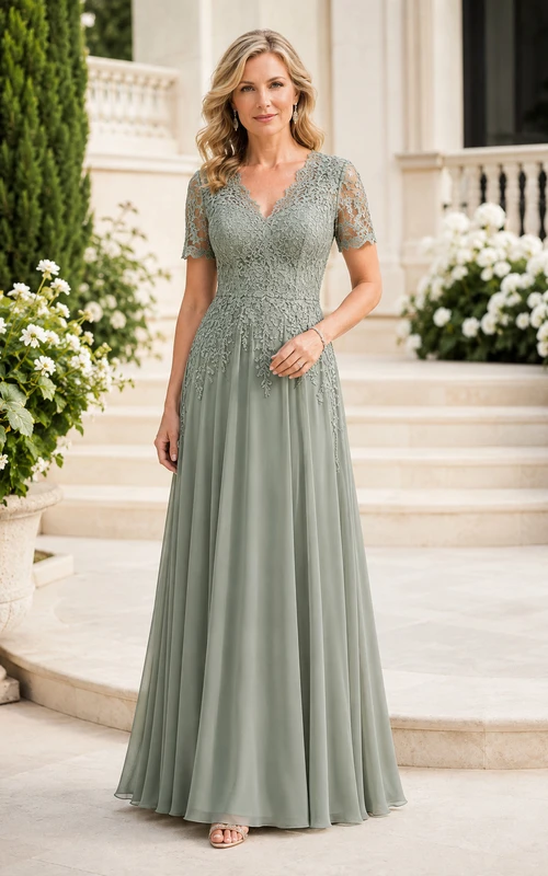 MOB-Kleid aus salbeigrünem Chiffon mit Spitze, A-Linie, kurzen Ärmeln, V-Ausschnitt, bodenlang