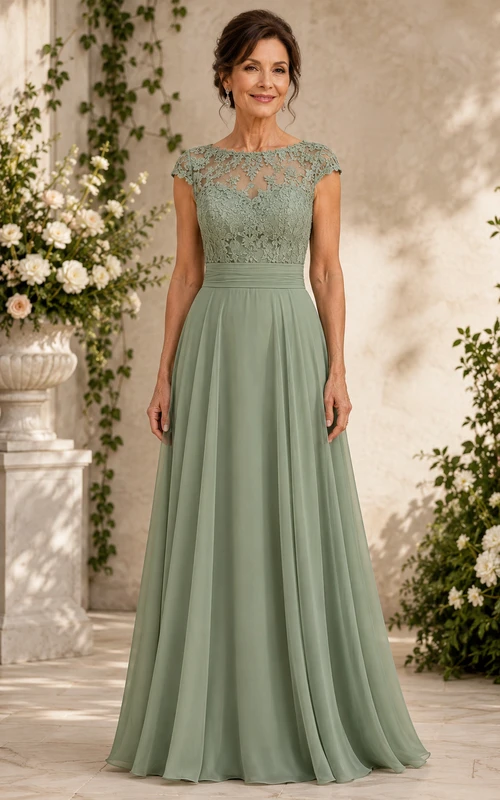 Vestido de gasa de corte A con mangas cortas y encaje color salvia