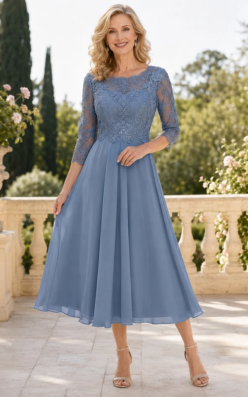 Vestido de madre elegante de corte A, largo hasta la rodilla, color azul acero, con mangas de encaje y escote barco.